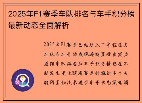 2025年F1赛季车队排名与车手积分榜最新动态全面解析